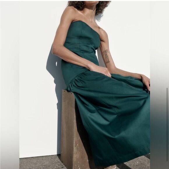 NWT ZARA GREEN TOPSTITCHED STRAPLESS MAXI DRESS size small - Picture 6 of 16